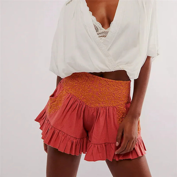 Embroidered Ruffle Pocket Cotton Shorts