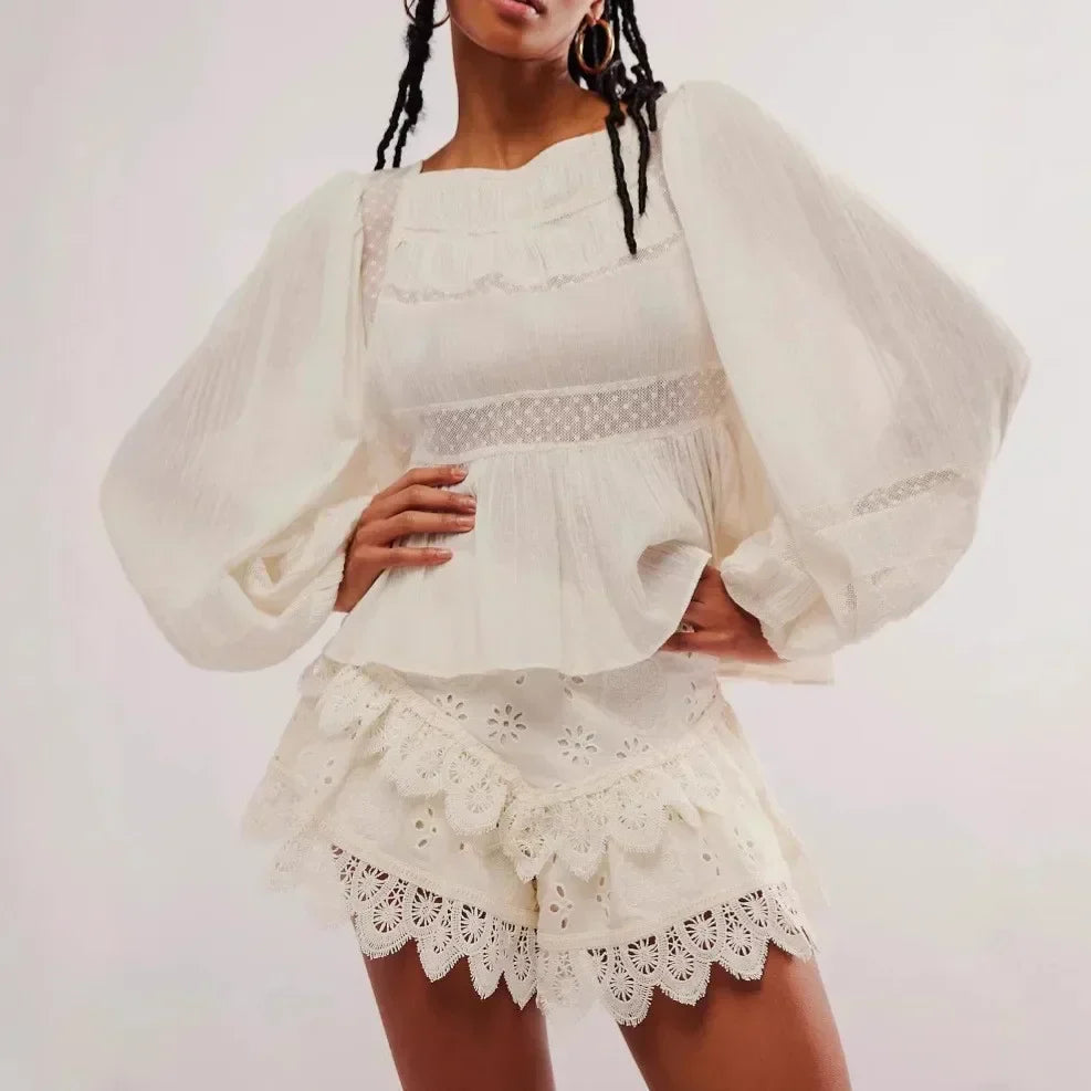 Ivory High-Waist Scalloped-Hem Lace Shorts