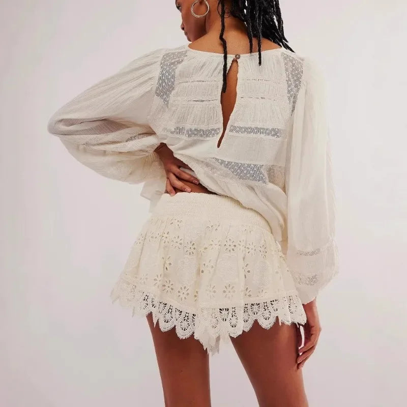 Ivory High-Waist Scalloped-Hem Lace Shorts