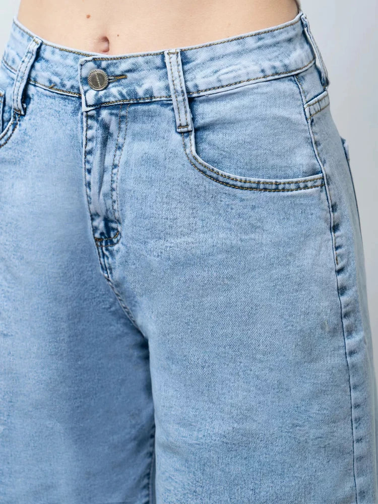 Blue High-Waist Frayed Hem Cotton Denim Shorts