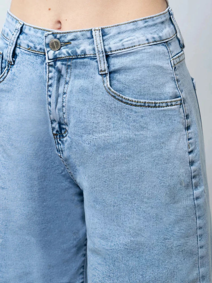 Blue High-Waist Frayed Hem Cotton Denim Shorts