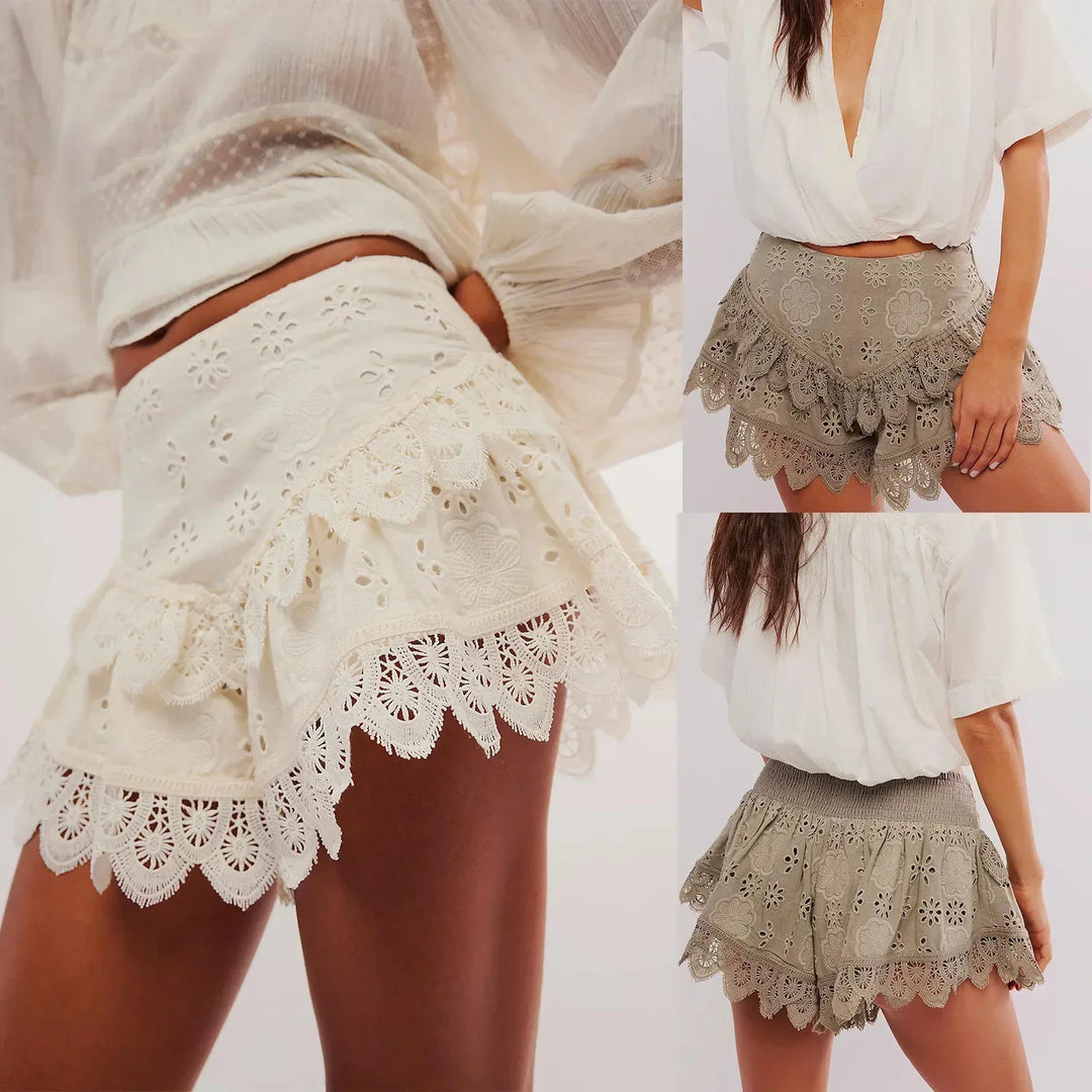 Ivory High-Waist Scalloped-Hem Lace Shorts