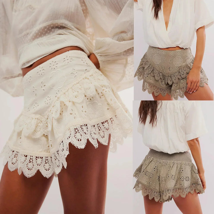 Ivory High-Waist Scalloped-Hem Lace Shorts