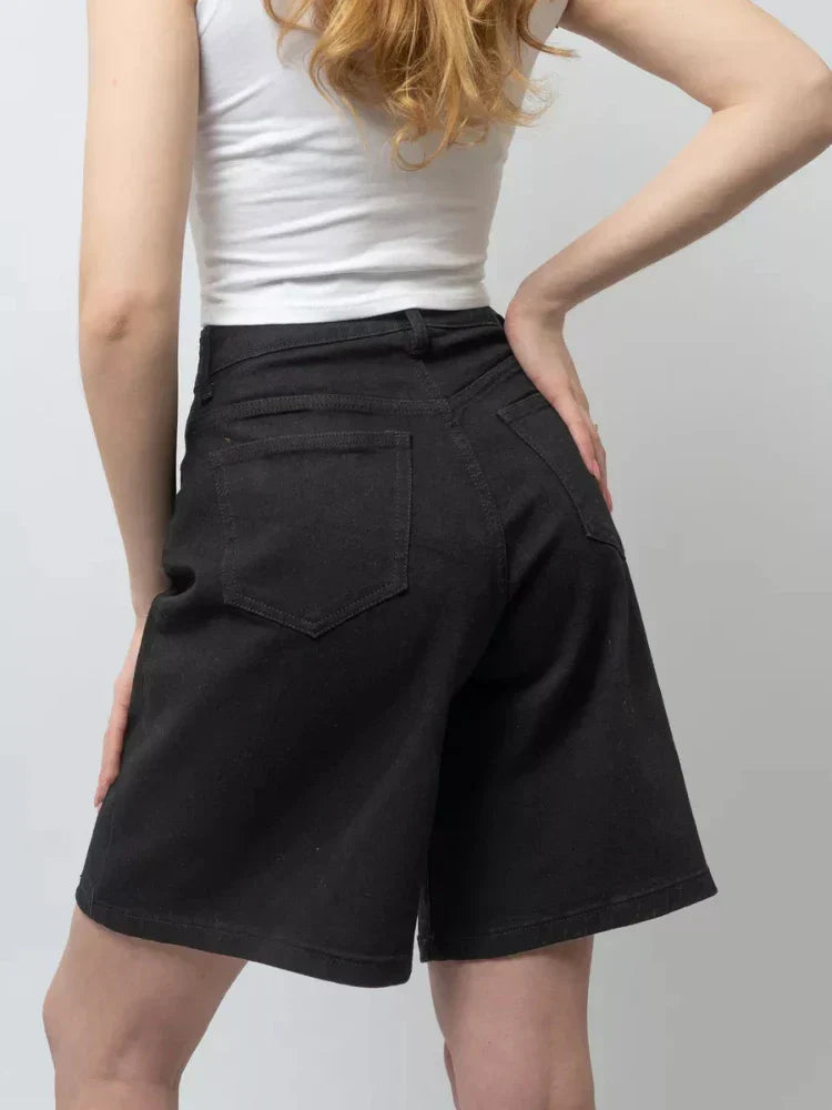 Blue High-Waist Frayed Hem Cotton Denim Shorts