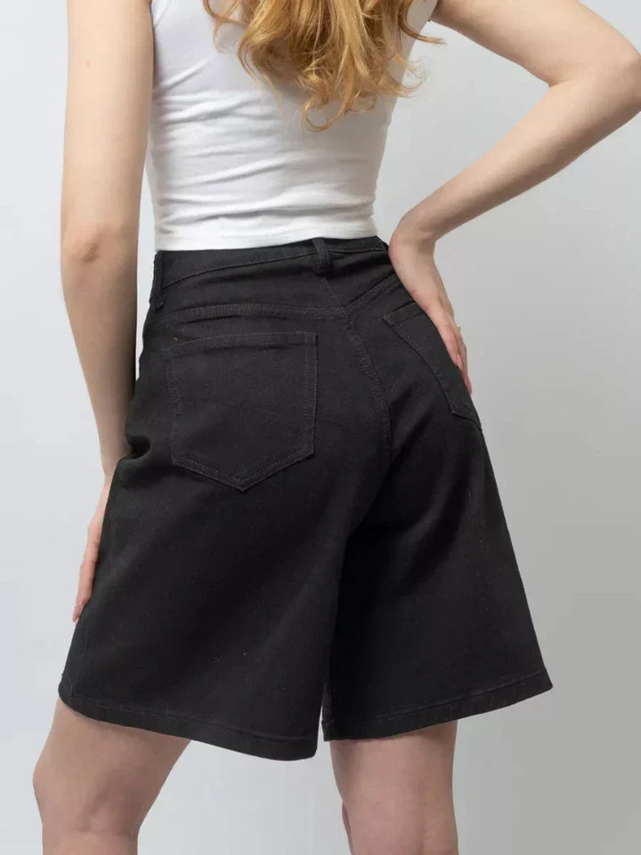 Blue High-Waist Frayed Hem Cotton Denim Shorts