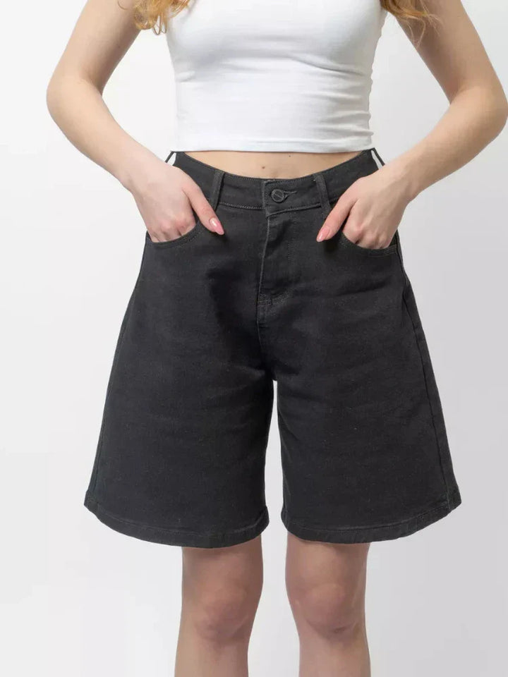 Blue High-Waist Frayed Hem Cotton Denim Shorts