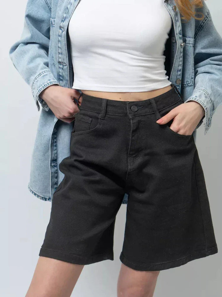 Blue High-Waist Frayed Hem Cotton Denim Shorts