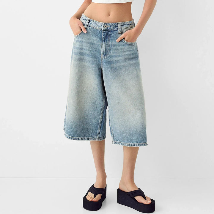 High-Waist Relaxed-Fit Denim Bermuda Shorts