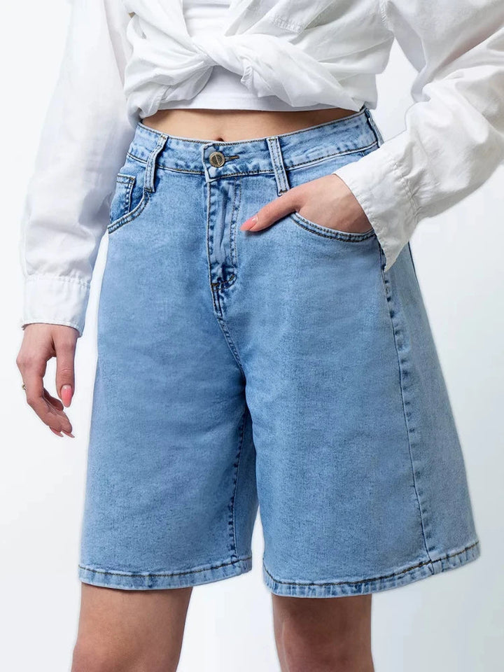 Blue High-Waist Frayed Hem Cotton Denim Shorts