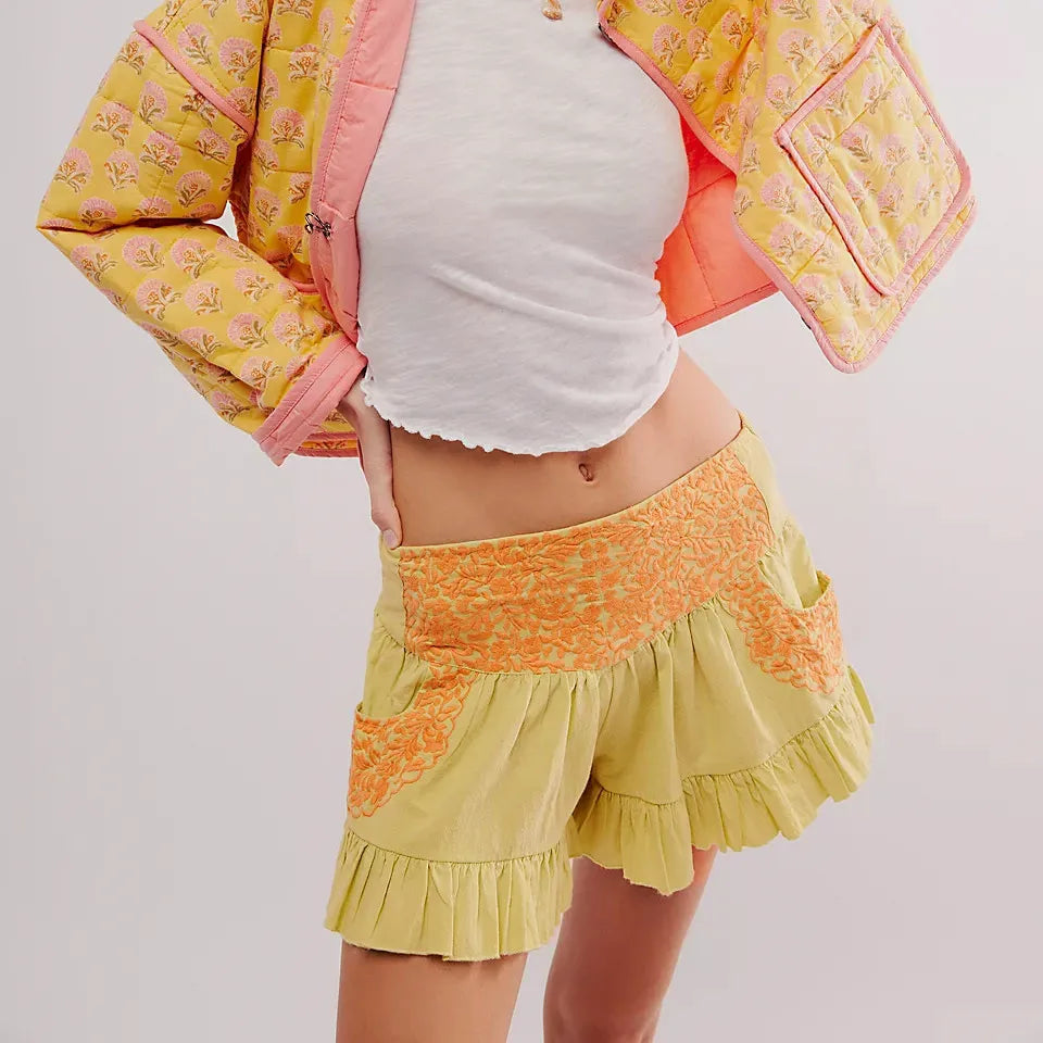 Embroidered Ruffle Pocket Cotton Shorts