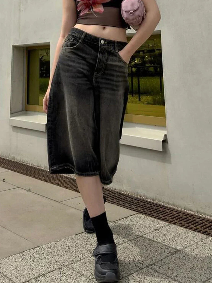 High-Waist Relaxed-Fit Denim Bermuda Shorts