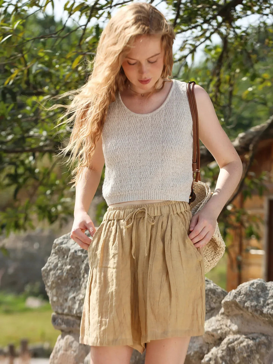 Natural High-Waist Relaxed Fit Linen Shorts