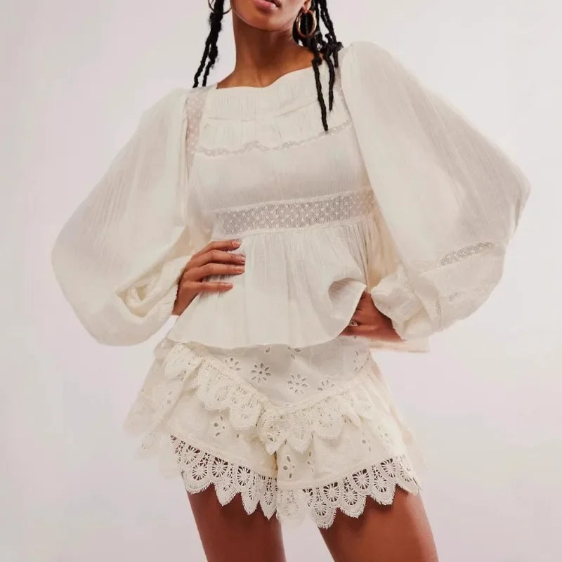 Ivory High-Waist Scalloped-Hem Lace Shorts