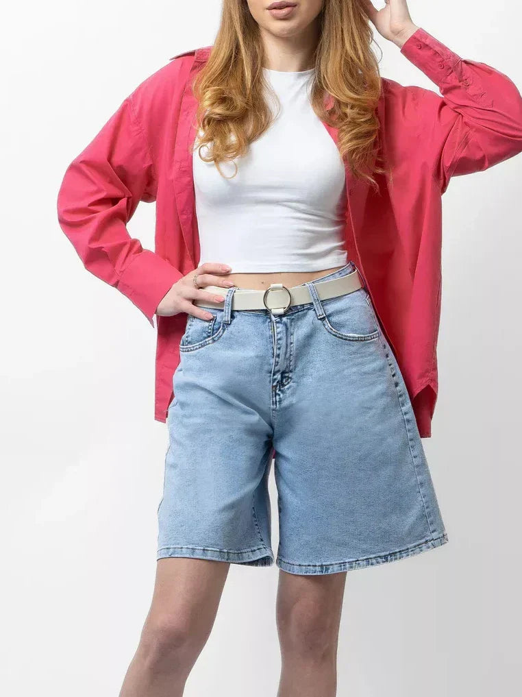 Blue High-Waist Frayed Hem Cotton Denim Shorts