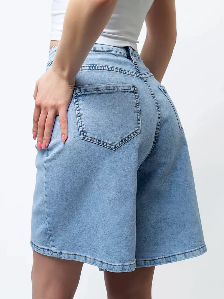 Blue High-Waist Frayed Hem Cotton Denim Shorts