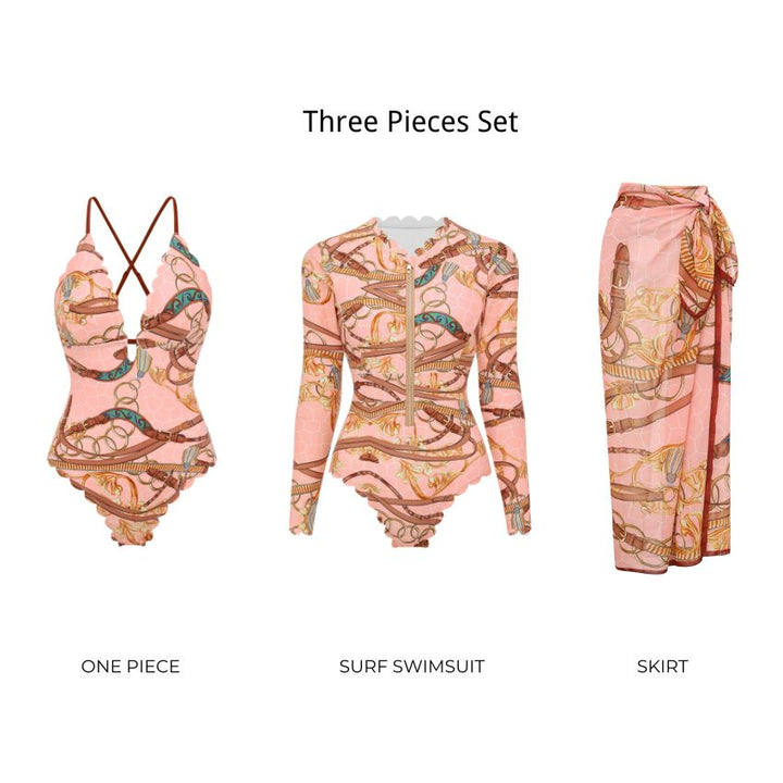 V Neck Lace Printed Swimsuit Set(s)