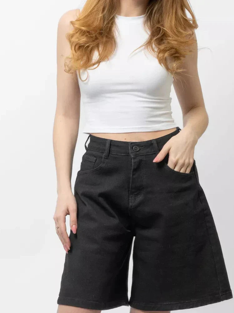Blue High-Waist Frayed Hem Cotton Denim Shorts