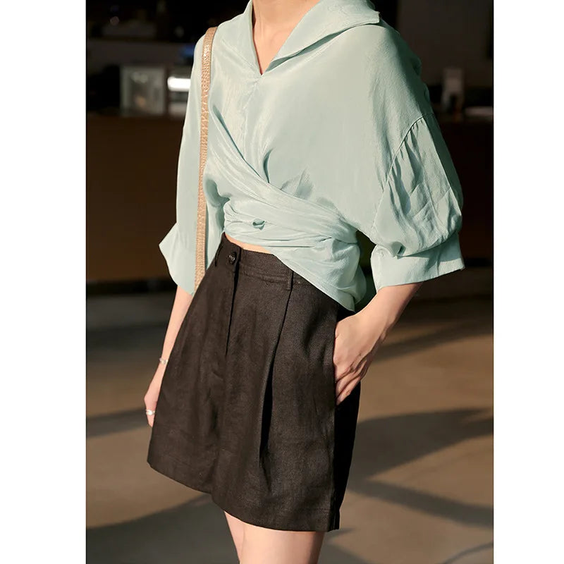 Stone Tailored High-Waist Linen Shorts