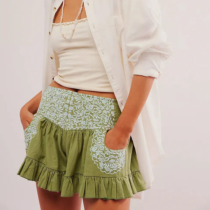 Embroidered Ruffle Pocket Cotton Shorts