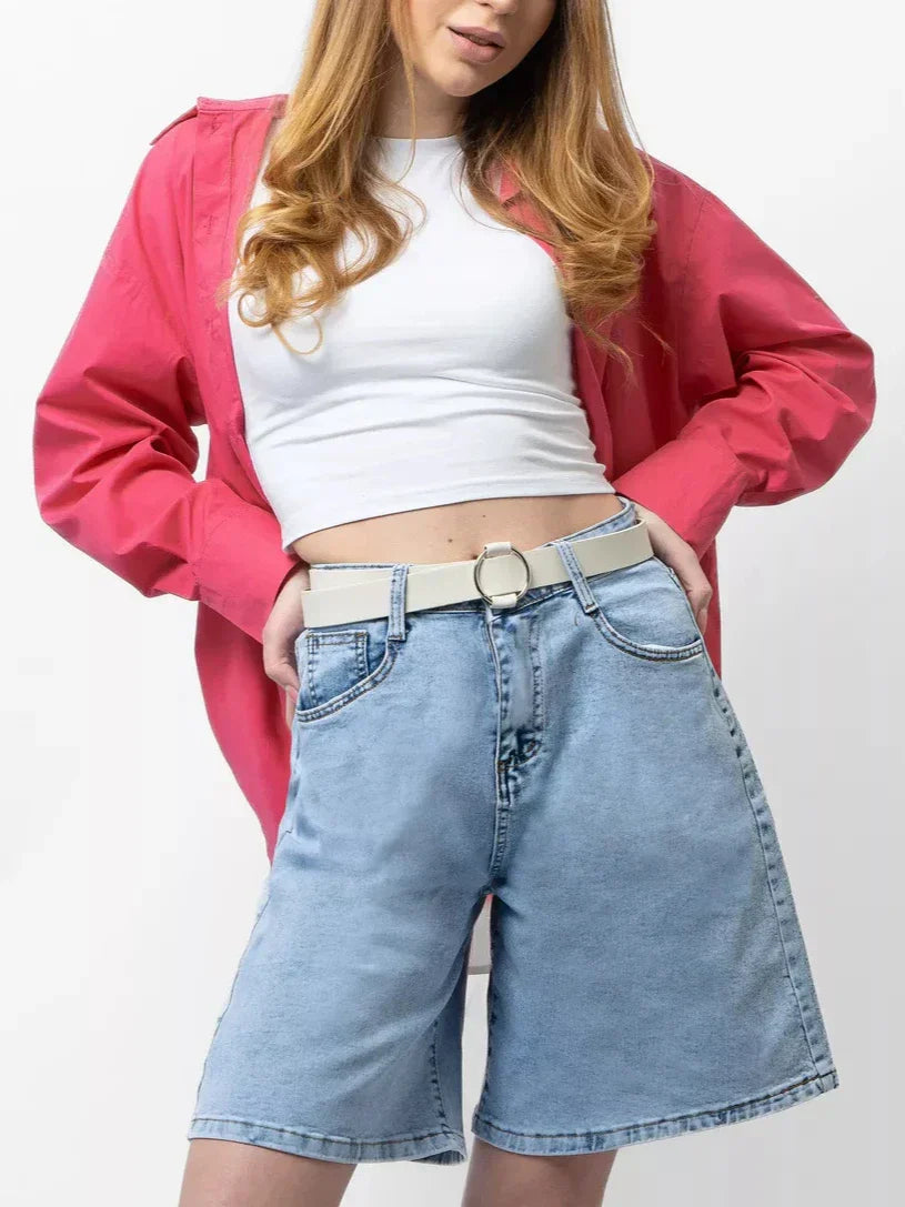 Blue High-Waist Frayed Hem Cotton Denim Shorts