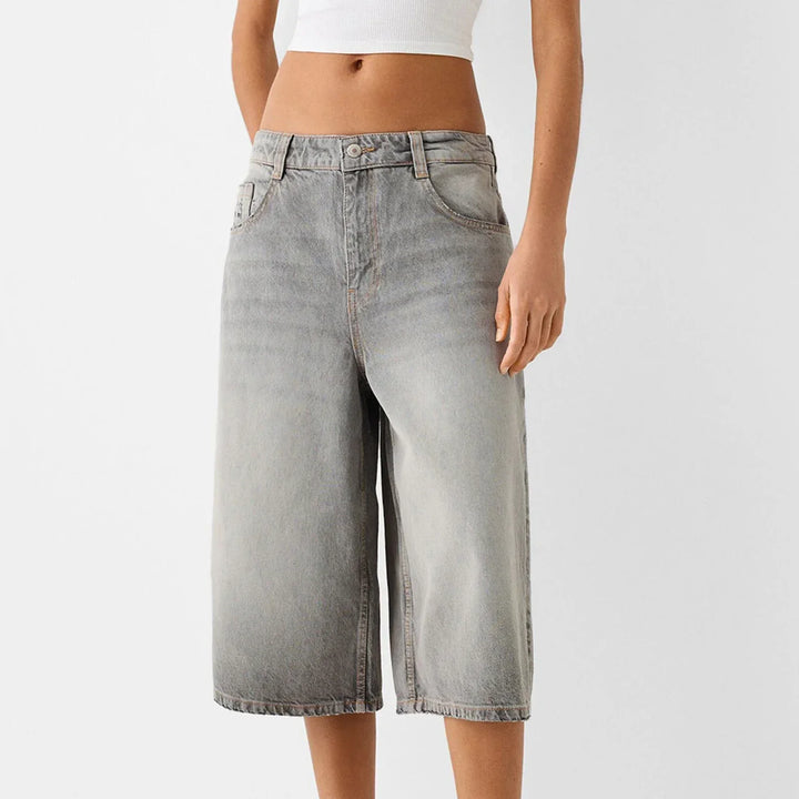 High-Waist Relaxed-Fit Denim Bermuda Shorts