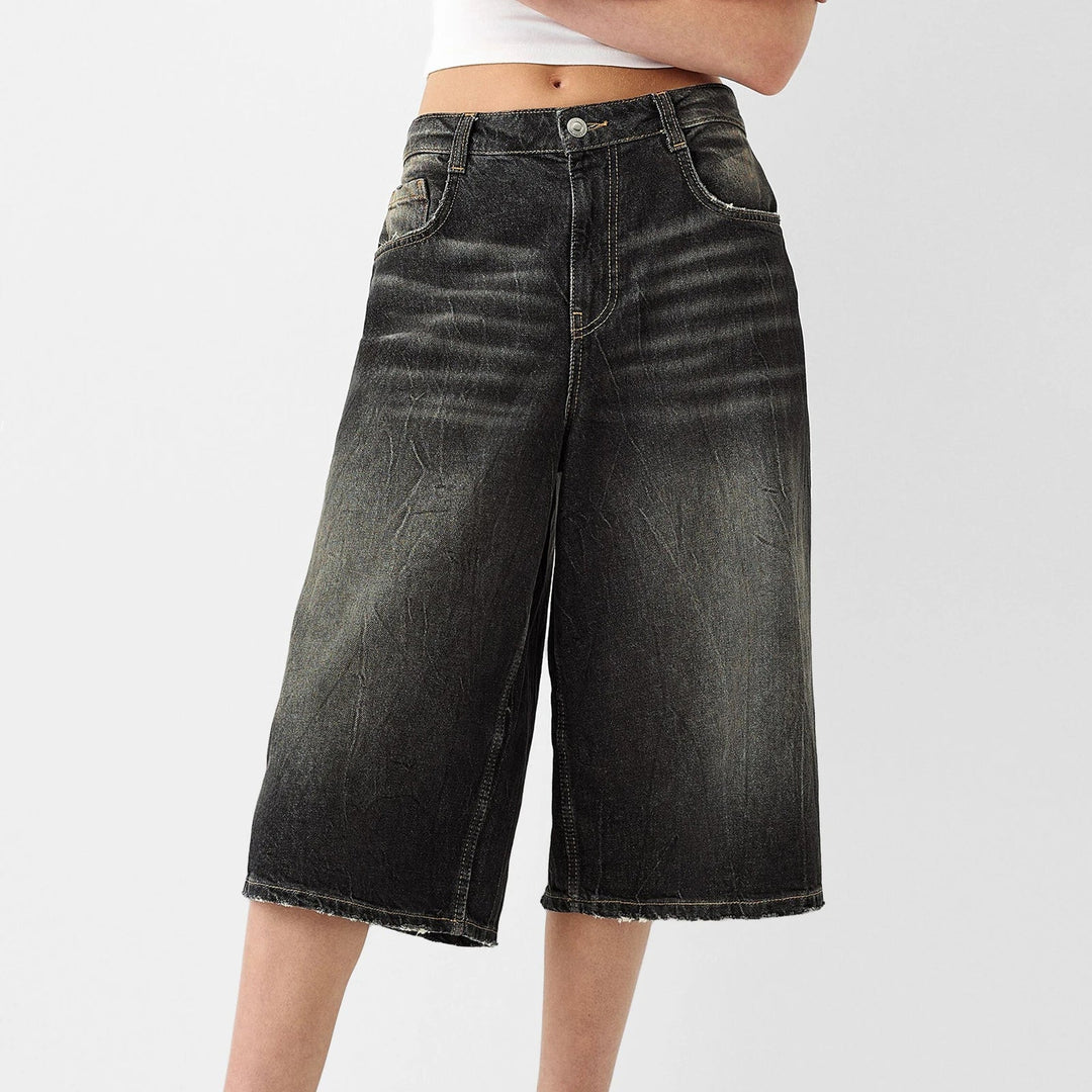 High-Waist Relaxed-Fit Denim Bermuda Shorts