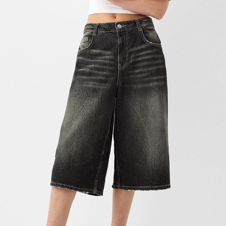 High-Waist Relaxed-Fit Denim Bermuda Shorts