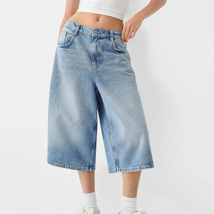 High-Waist Relaxed-Fit Denim Bermuda Shorts