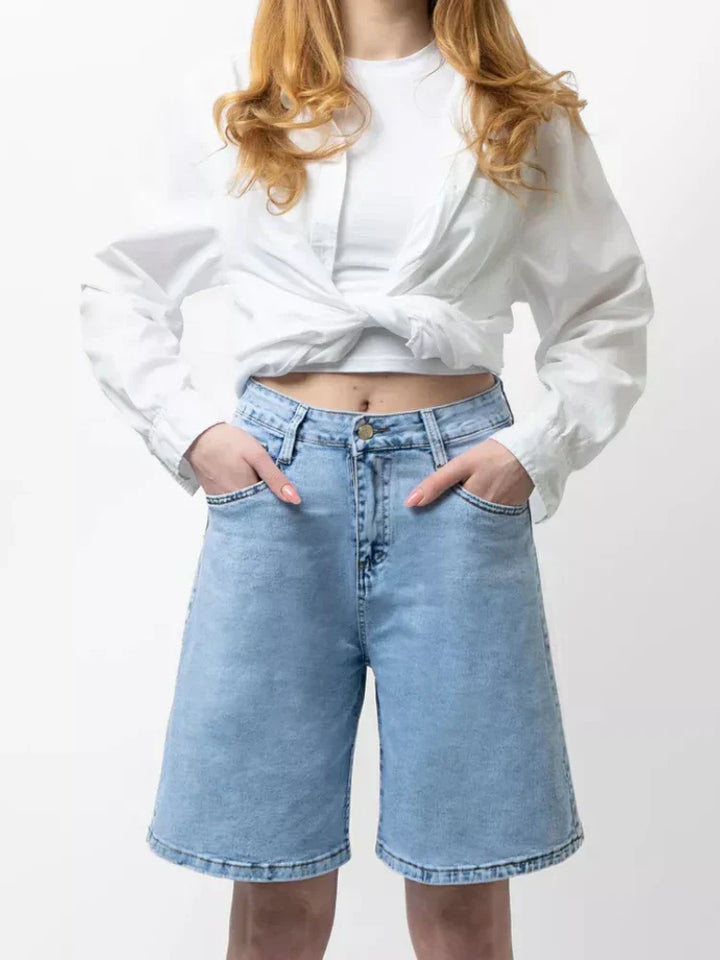 Blue High-Waist Frayed Hem Cotton Denim Shorts