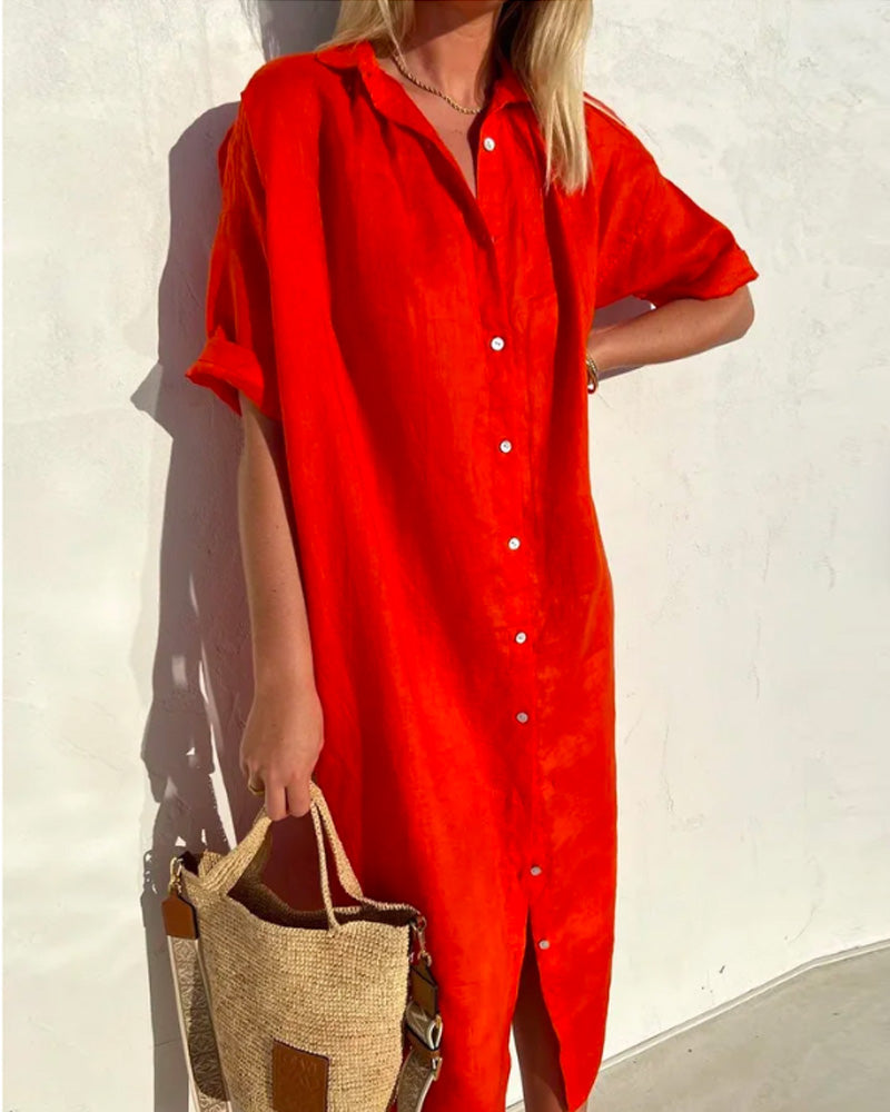 Maxi Dress - Button-Up, Relaxed V-Neck Fit