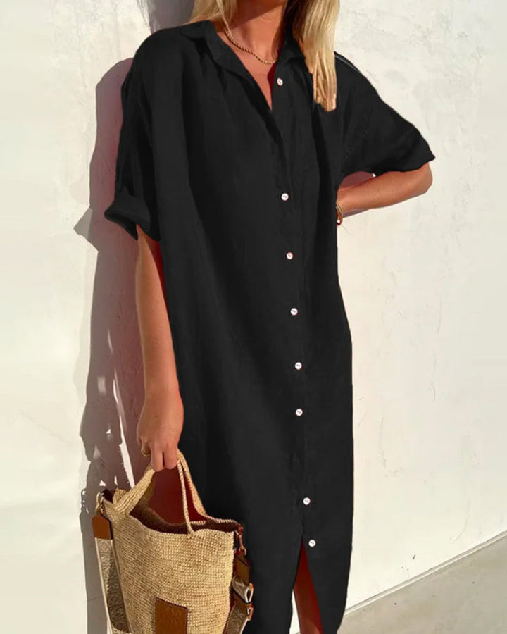 Maxi Dress - Button-Up, Relaxed V-Neck Fit