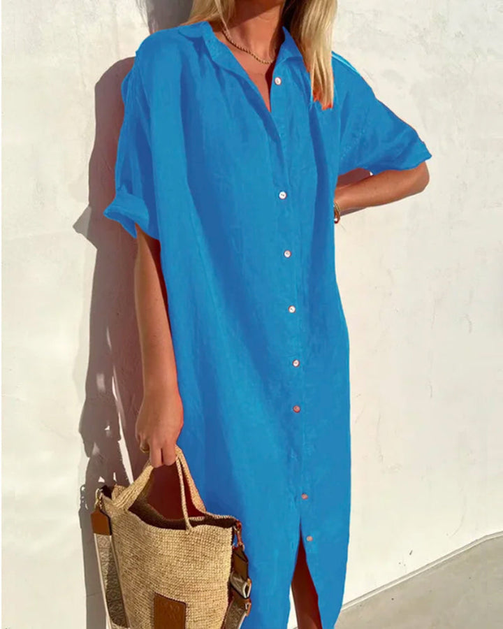 Maxi Dress - Button-Up, Relaxed V-Neck Fit