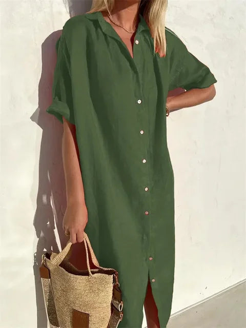 Maxi Dress - Button-Up, Relaxed V-Neck Fit