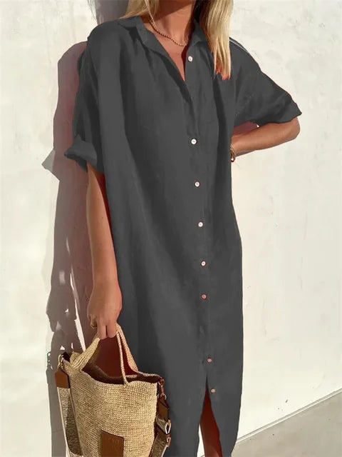 Maxi Dress - Button-Up, Relaxed V-Neck Fit