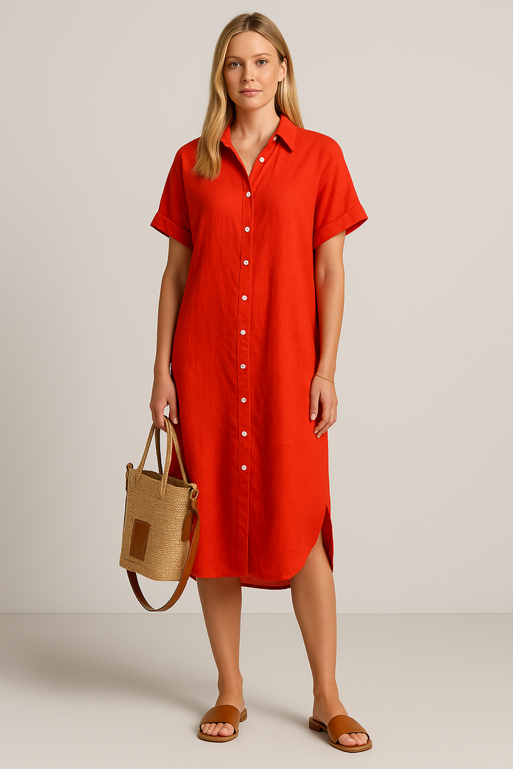 Maxi Dress - Button-Up, Relaxed V-Neck Fit