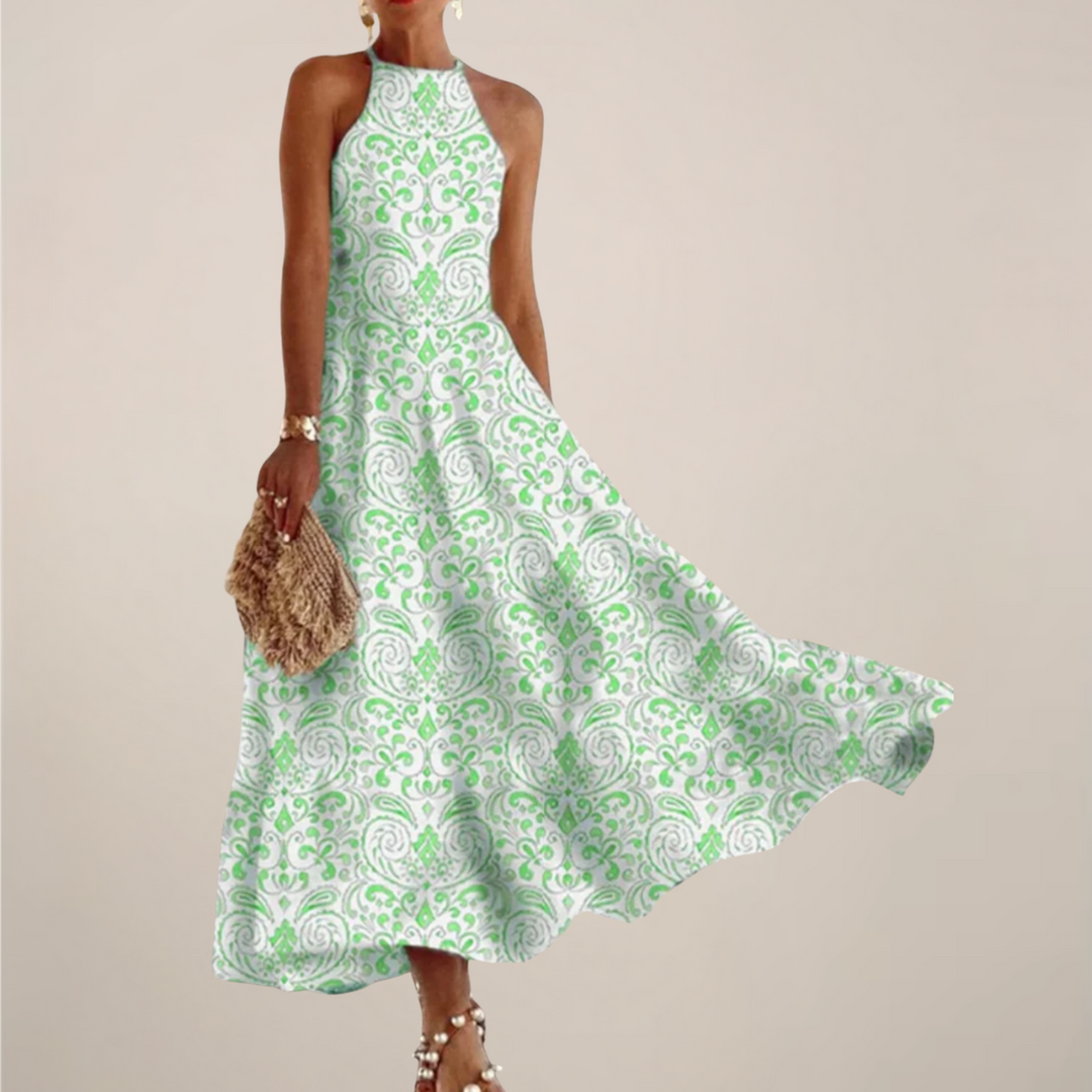 Printed Halter Neck Maxi Dress - A-Line Flowy