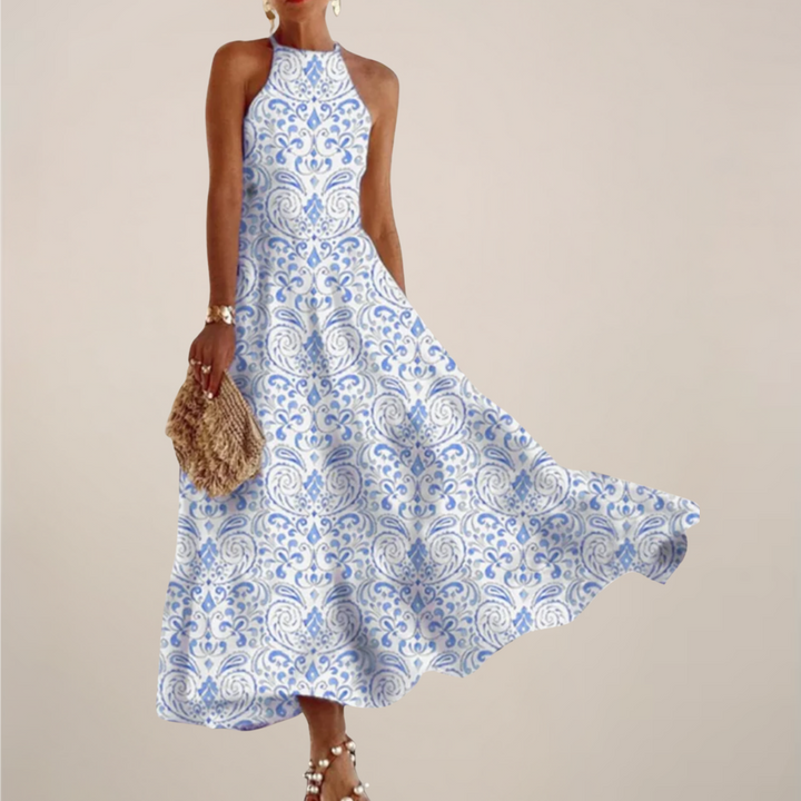 Printed Halter Neck Maxi Dress - A-Line Flowy