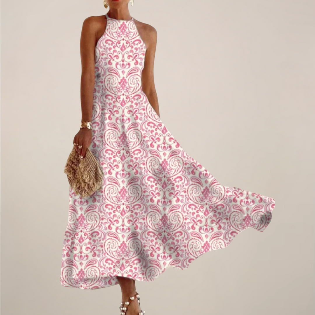 Printed Halter Neck Maxi Dress - A-Line Flowy