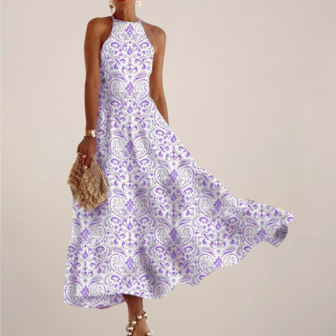 Printed Halter Neck Maxi Dress - A-Line Flowy