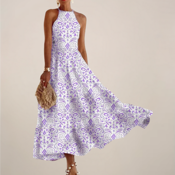 Printed Halter Neck Maxi Dress - A-Line Flowy