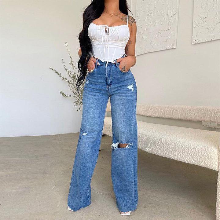Effortless Blue Wide Leg Jeans for Women with High Waisted Ripped Distressed Relaxed Style