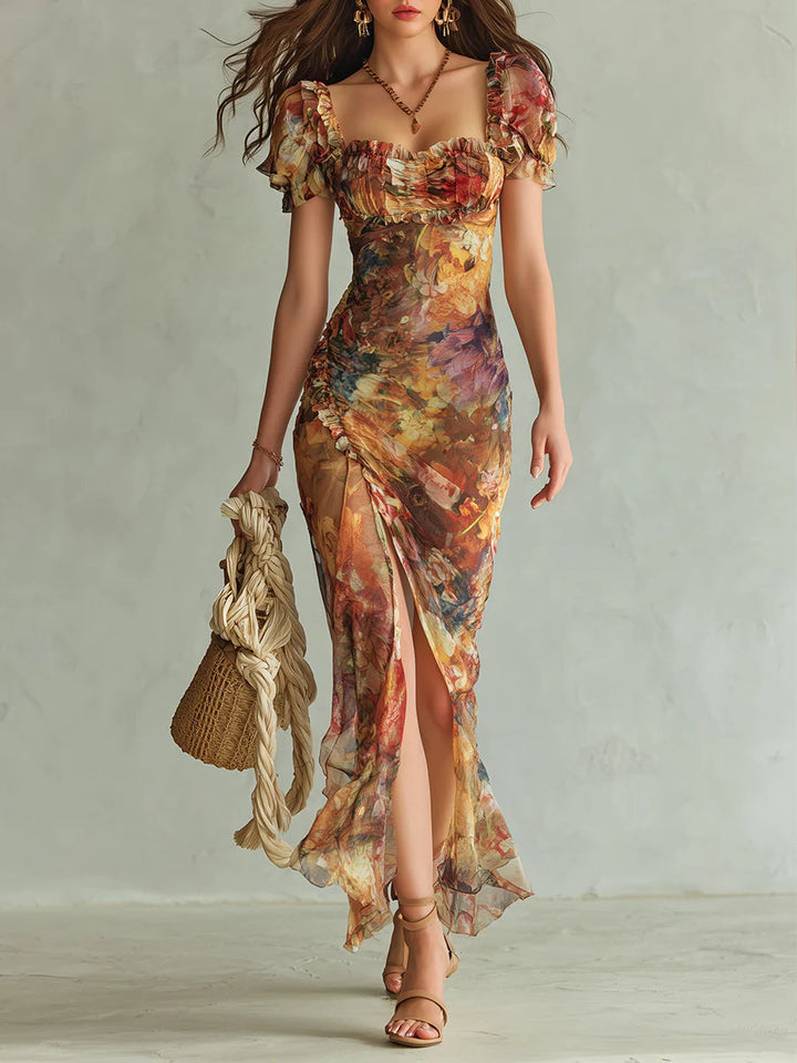 Orange Bohemian Holiday Oil Painting Print Chiffon Maxi Dress