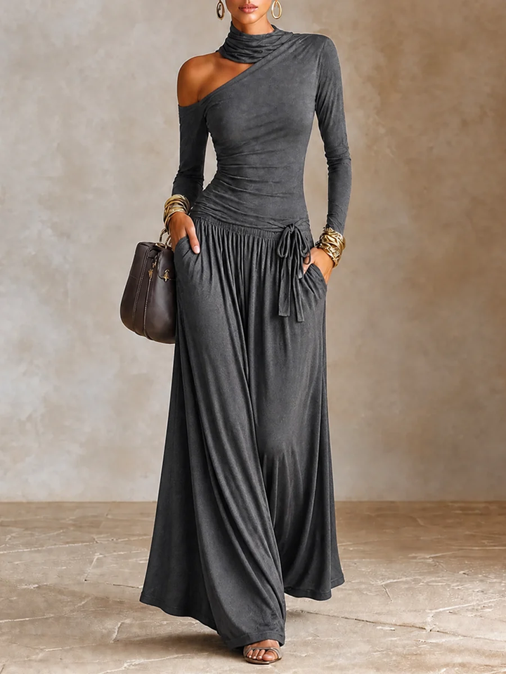 Dark Grey Asymmetric Off‑Shoulder Long Sleeve Vacation Maxi Dress