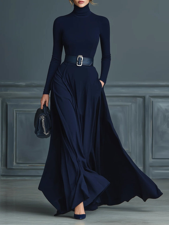 Dark Blue Knitted High-neck Dress（No belt）
