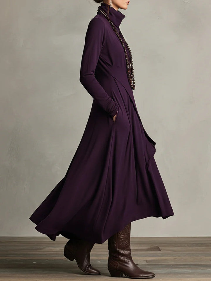 AZARI – REFINED DRAPED HIGH-NECK MIDI DRESS