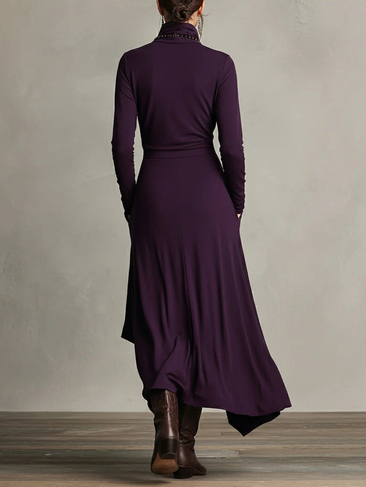 AZARI – REFINED DRAPED HIGH-NECK MIDI DRESS