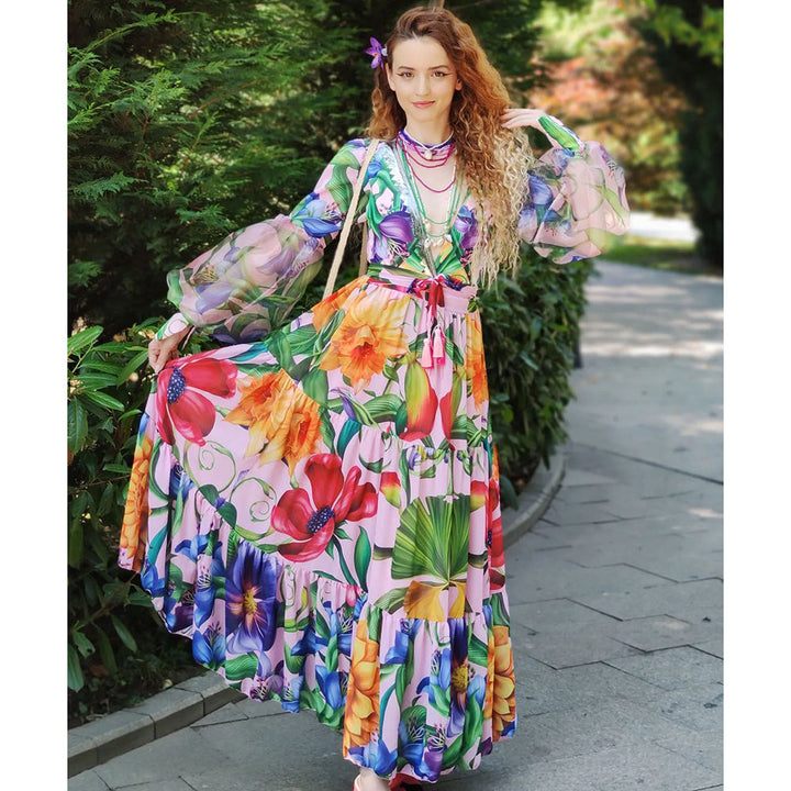 V-neck Long Sleeve Flowers Printed One Piece Swimsuit and Skirt