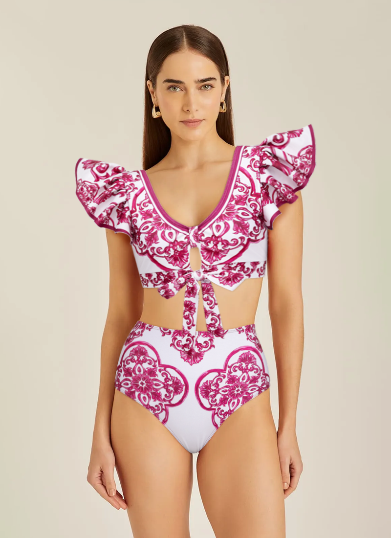 Ruffle Classic Majolica Series Pattern Print Bikini Swimsuit and Skirt or Shorts