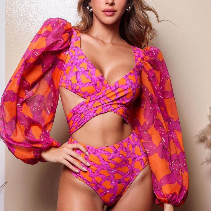 V Neck Net Yarn Long Sleeve Bikini Swimsuit and Skirt