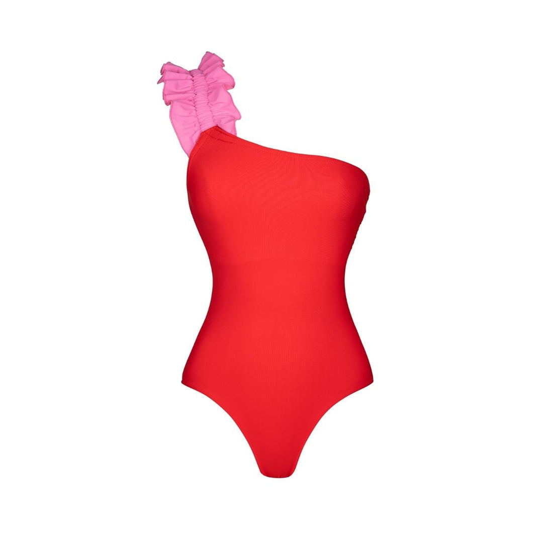 One Shoulder Color Block One Piece Swimsuit and sarong